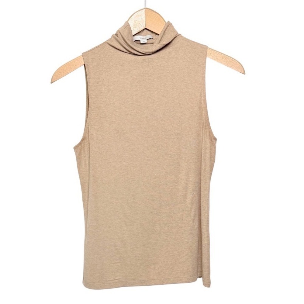 Vince Sleeveless Modal Turtleneck Top Women Small Tan Stretch Minimalist Basic - Picture 4 of 10